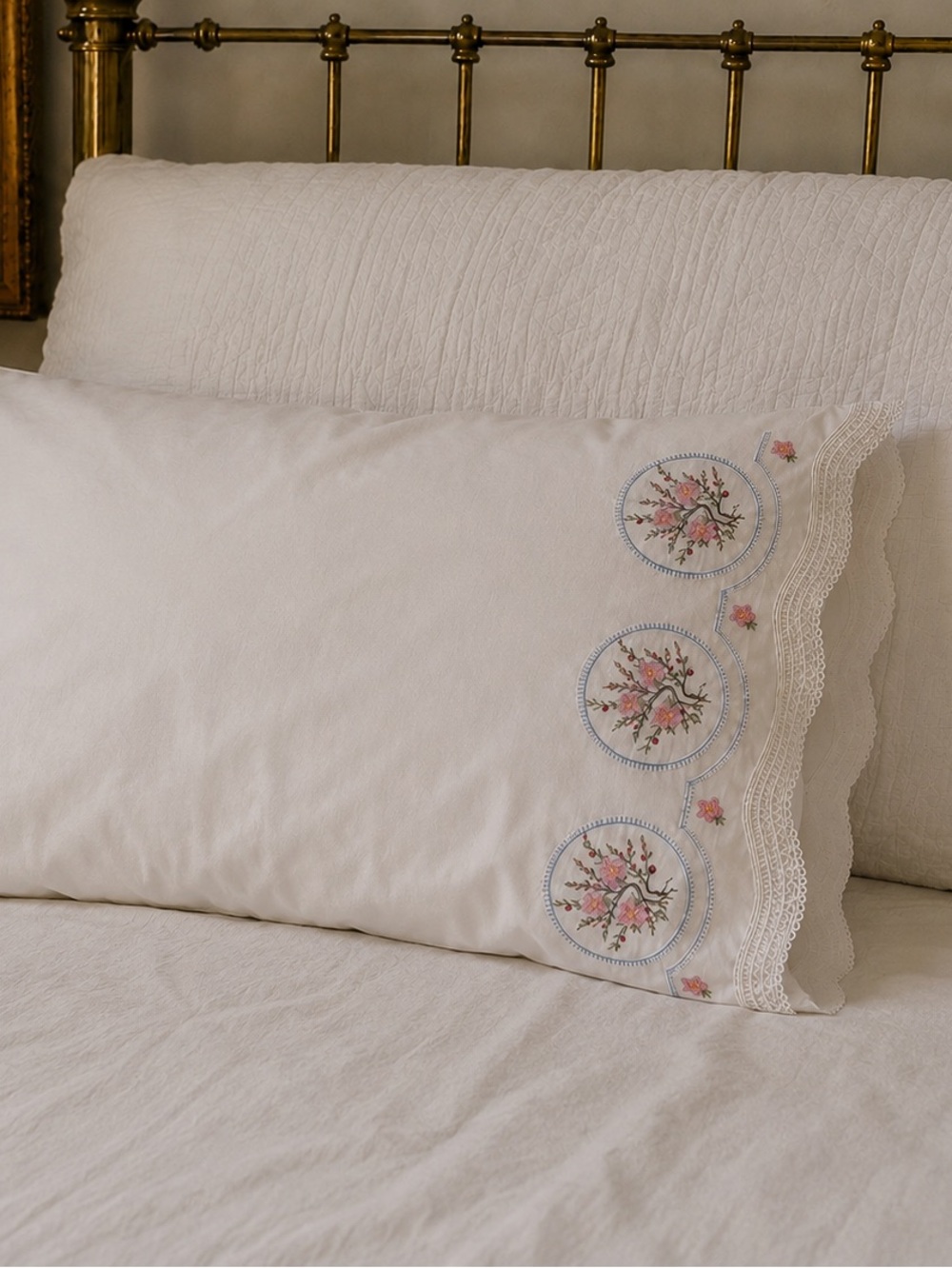 Vintage Pillowcase Cherry Blossom Tree Embroidered Flowers Cottagecore  Linens